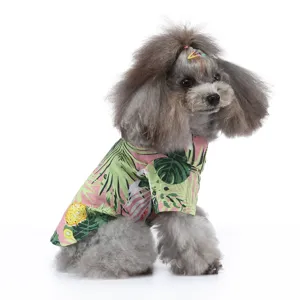 Seitenansicht eines Zwergpudels mit tropischem Hawaii-Hundehemd mit Ananas-Print