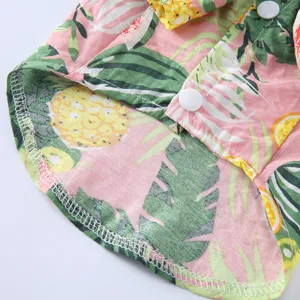 Detailaufnahme eines Haustier-Sommerhemdes mit tropischem Ananas-Print und weißen Knöpfen