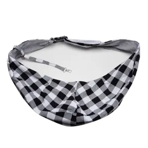 Black and white plaid pet sling carrier, breathable dog backpack, portable pet outdoor bag.