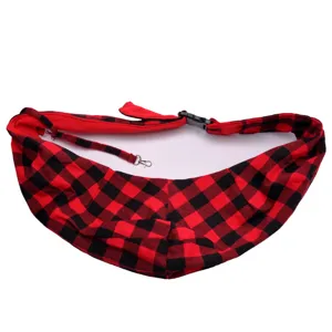 Red black plaid pet sling carrier bag detail view showing adjustable strap and safe buckle.