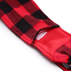 Red black plaid pet carrier strap detail, breathable mesh and durable buckle design for comfort.