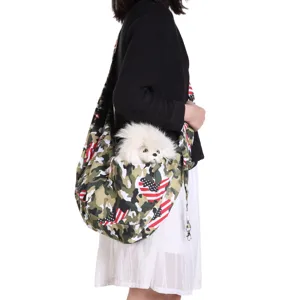 Camo pet sling carrier bag for small dogs, breathable crossbody pet pouch for outdoor travel.
