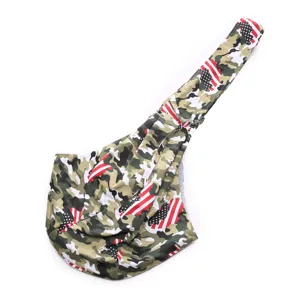 Detail view of the breathable camo pet sling bag, showing the American flag print and fabric.