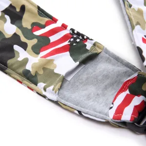Detailed view of breathable pet carrier single shoulder strap with camo and flag print.