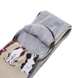 Dog pet sling carrier detail view, adjustable metal rings, breathable grey fabric