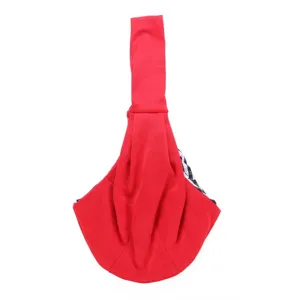 Red pet carrier sling bag with black white plaid lining, breathable portable puppy bag outdoor.