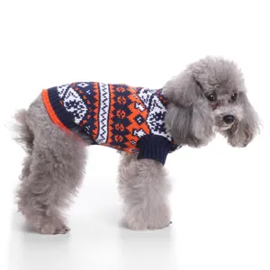 Close-up detail of a classic retro patterned pet dog sweater with warm knitted texture.