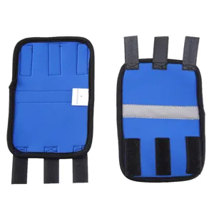 Detailed view of the blue dog leg brace showing internal tags and external straps.