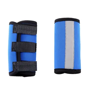 Blue pet dog leg protector sleeves featuring reflective strips and adjustable velcro straps