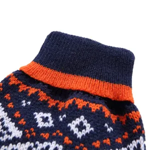 Close-up detail of a classic retro pet dog sweater featuring cozy turtleneck and knit pattern.
