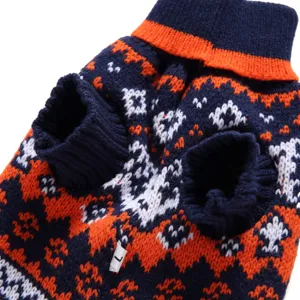 Close-up detail of the retro geometric patterned pet sweater collar and knit texture design.