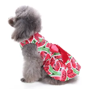 Detailansicht des Sommerhundekleids mit charmantem Wassermelonenmuster und Schleife.