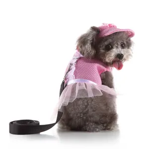 Set Pettorina e Guinzaglio per Cani in Rete Traspirante Stile Principessa Gilet a Quadri Con Delizioso Cappello per Cani Piccoli Medi