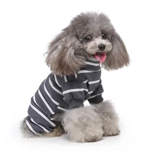 Grey striped pet dog clothes high neck four-legged pajamas comfortable home wear for small dogs