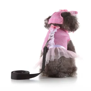 Set abito imbracatura per cani in rete rosa con fiocco in pizzo, cappello e guinzaglio.