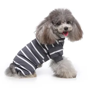 Detailed view of the striped pet onesie featuring a cozy high collar design for dogs.
