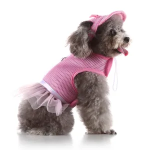 Vestito imbracatura rosa in rete per cani con cappello, stile principessa per piccoli cani.