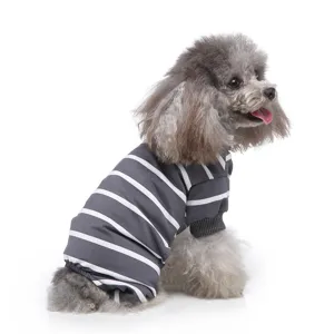 Detailed view of a cozy gray striped pet jumpsuit with turtleneck for dogs in comfortable fabric.
