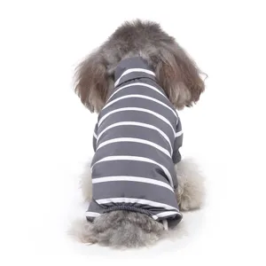 Grey striped dog pajamas four leg pet clothing high neck cozy apparel for daily home wear.