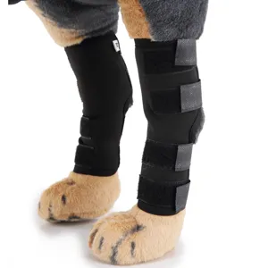 Dettaglio di tutori neri per zampe di cane con cinturini in velcro per recupero infortuni