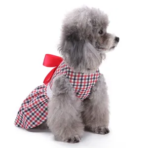 Schickes kariertes Haustierkleid mit roter Schleife für kleine Hunde, Sommerkleidung.