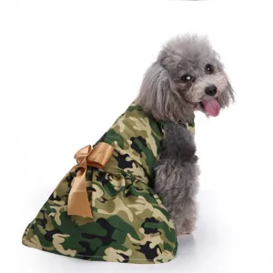 Cute camouflage print dog summer dress featuring a large golden satin bow decoration