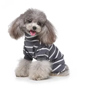 Detailed view of stylish striped pet pajamas high collar four-legged dog clothes grey soft fabric.