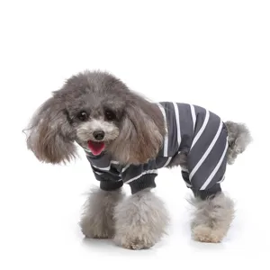 Detail view of striped dog pajamas, showing four-legged pet clothing design and soft fabric.
