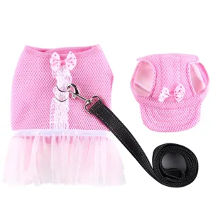 Set abito imbracatura per cani in rete rosa con grazioso fiocco e cappello abbinato per piccoli.