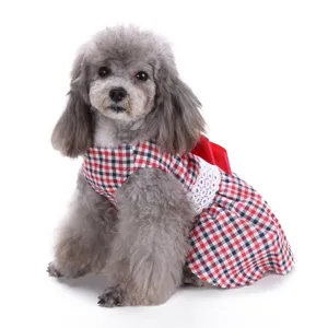 Süßes rot-blaues Karokleid für Hunde mit weißer Spitze und roter Schleife im Sommer perfekt.