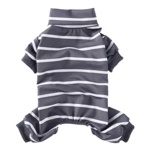 Grey and white striped pet jumpsuit detail, high collar, stretchy ribbed cuffs, soft fabric.