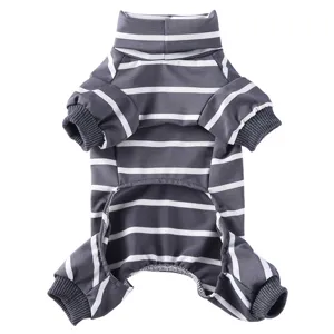 Grey and white striped pet dog jumpsuit, detailed view of the high collar and ribbed cuffs.