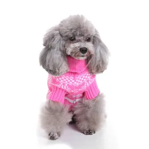 Cozy pink turtleneck dog sweater with classic pattern, warm knit apparel for small dogs.