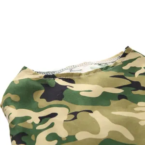 Close-up showing the camouflage print and fine stitching on a summer pet dog dress