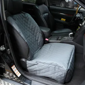 Waterproof grey quilted pet car seat cover for front co-pilot seat, durable dog protector mat.