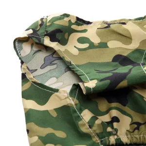 Close-up detail of the durable stitching and armhole on camouflage pet clothing