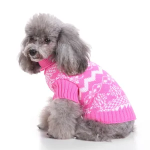 Pink white pet dog knitted sweater retro pattern warm winter apparel pet clothing detail view