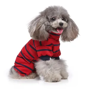 Cozy red and navy striped dog jumpsuit detail view, soft high collar pet pajamas