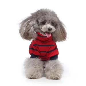 Detailed view of red and navy striped pet turtleneck sweater, cozy apparel for small dogs and puppies.