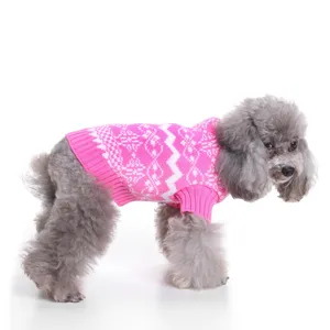 Pink retro knit dog sweater detail, cozy geometric pattern for small dogs daily warmth.