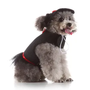 Vista dettagliata del gilet con imbracatura per cani in rete traspirante e del cappello da principessa.