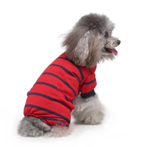 Red and blue striped dog pajamas, warm four-legged pet jumpsuit, soft puppy home wear.
