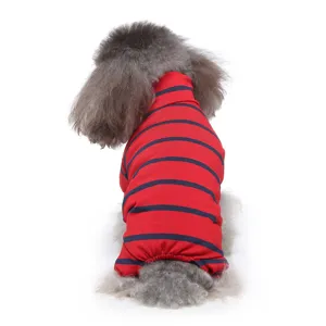 Detailed close-up view showing the soft red and navy striped fabric and high collar of the dog pajamas.