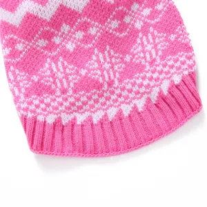 Close-up of pink Nordic pattern knitted pet sweater detail, soft warm dog apparel.