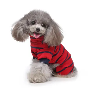 Detailed view of cozy striped dog pajamas, featuring a soft turtleneck and four-legged coverage.