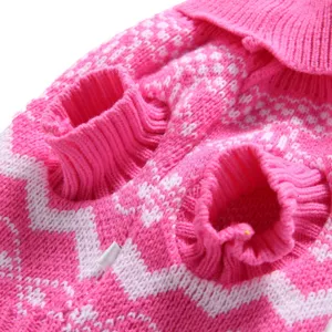 Pet sweater detail view, pink knitted winter dog clothes with classic retro pattern warm.