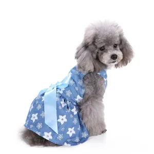Süßes blaues Hundekleid mit Blumen und Schleife Sommer Haustier Kleidung für kleine Hunde.