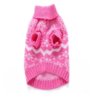 Pink knit pet sweater with vintage zigzag pattern, warm turtleneck dog clothes for small dogs