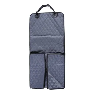 Waterproof quilted pet car seat protector detail view with durable straps and grey fabric.