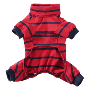 Red and blue striped pet pajamas, high collar four-leg dog clothes for daily warm wear.